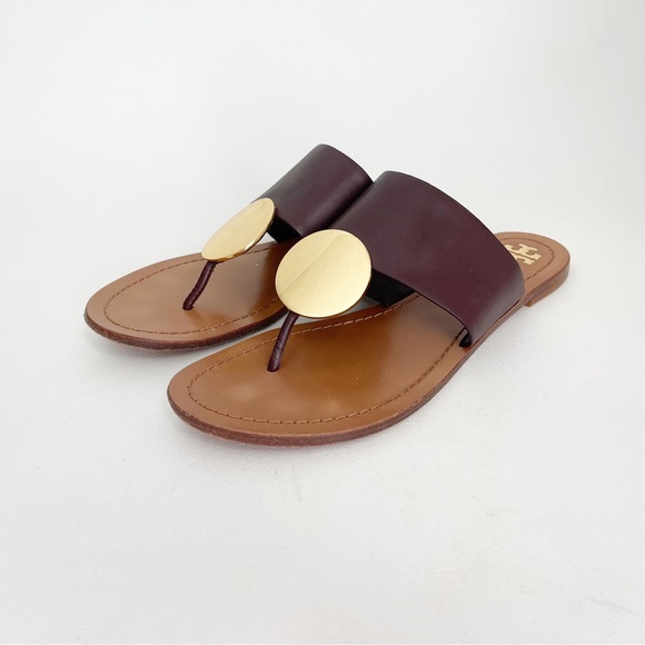 Tory Burch Patos DisK Flat Sandal Slip On Thong Leather Brown Goldtone Open Toe - Picture 5 of 12